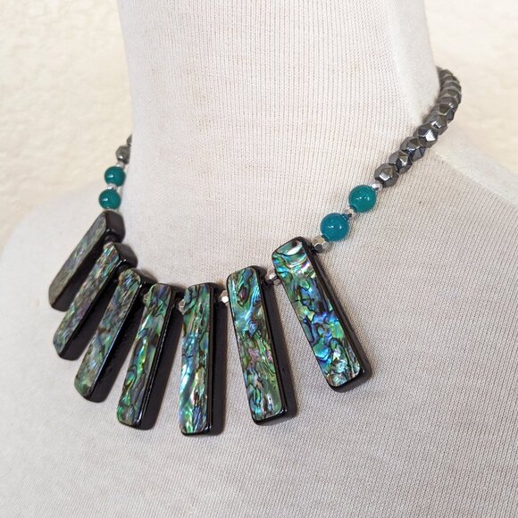 Aqua & Teal Blue Green Abalone Shell & Hematite Stick Statement Bib Necklace - Picture 2 of 3